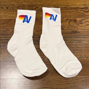Aviator Nation White Socks with Rainbow and Blue Logo